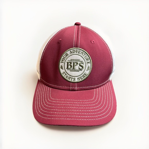Bass Pro Shops Trucker Hat Adventure Starts Here Maroon BPS Dad Cap Patch Logo - Picture 1 of 12